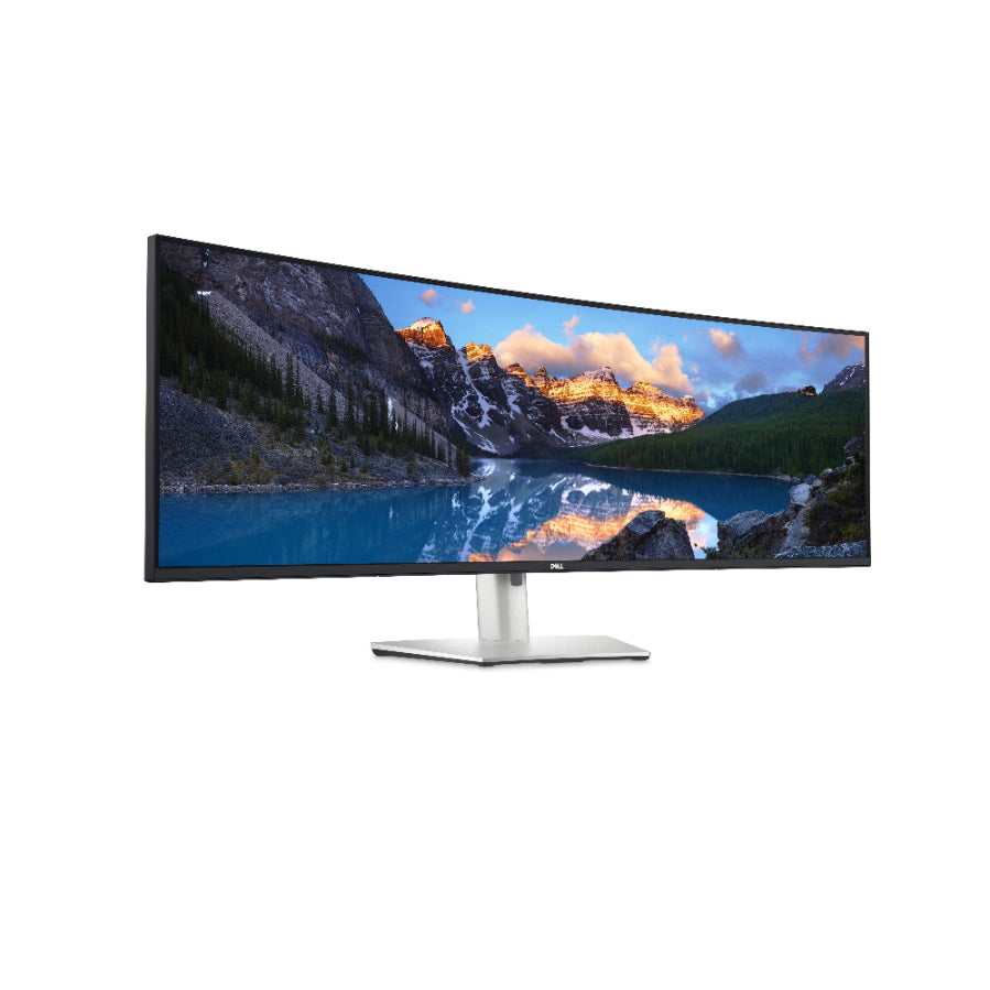 Curved monitor displaying a scenic view of a lake and mountains on a white background
