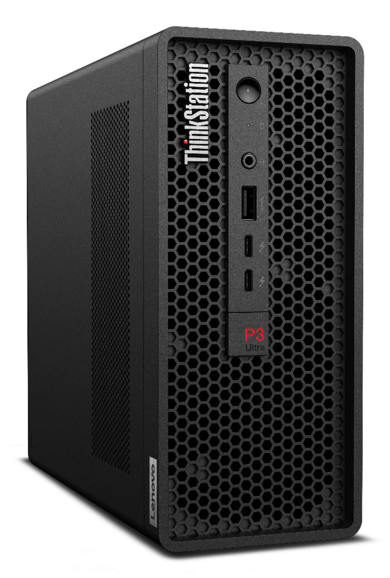 Black Lenovo ThinkStation desktop computer tower on a white background
