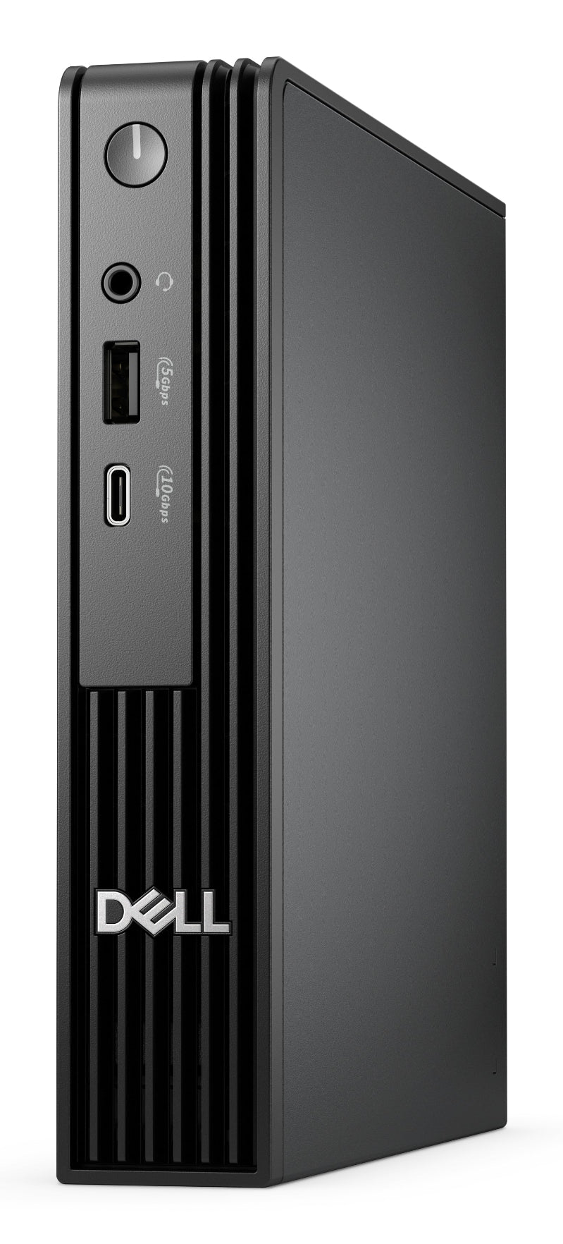 Black Dell computer tower on a white background