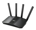 Black ASUS router with multiple antennas on a white background