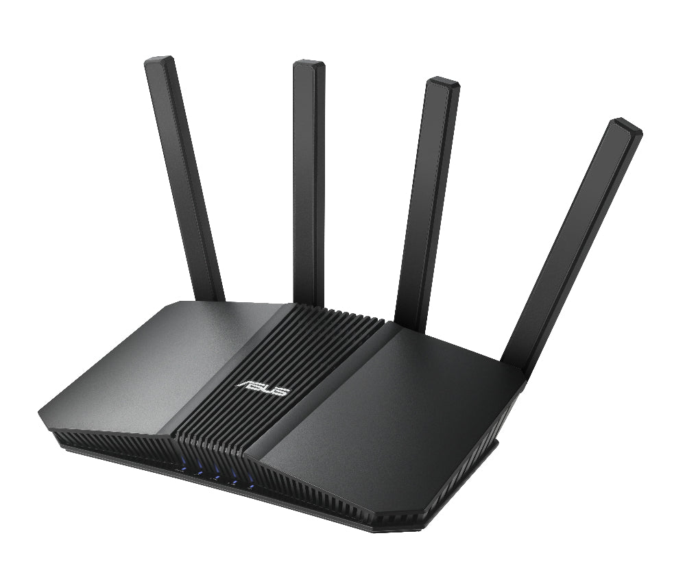 Black ASUS router with multiple antennas on a white background