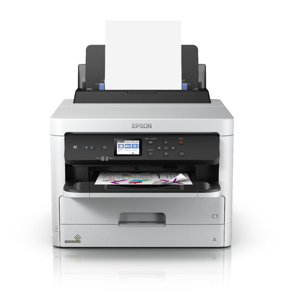 Epson printer with paper in a white background