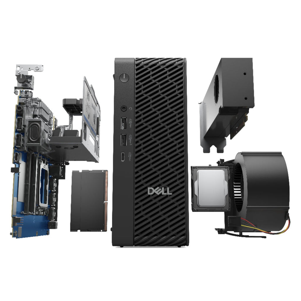 Dell computer components including a motherboard, case, and cooling system on a white background