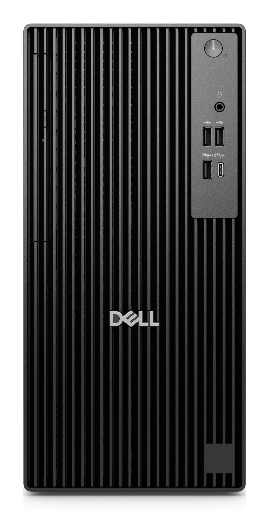 Black Dell desktop computer tower on a white background