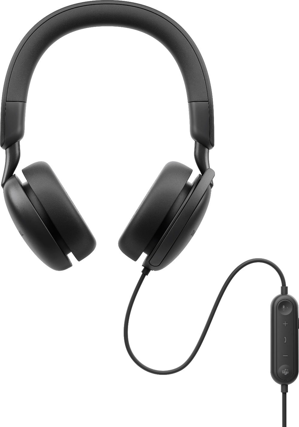 Black headphones with a cable and control unit on a white background