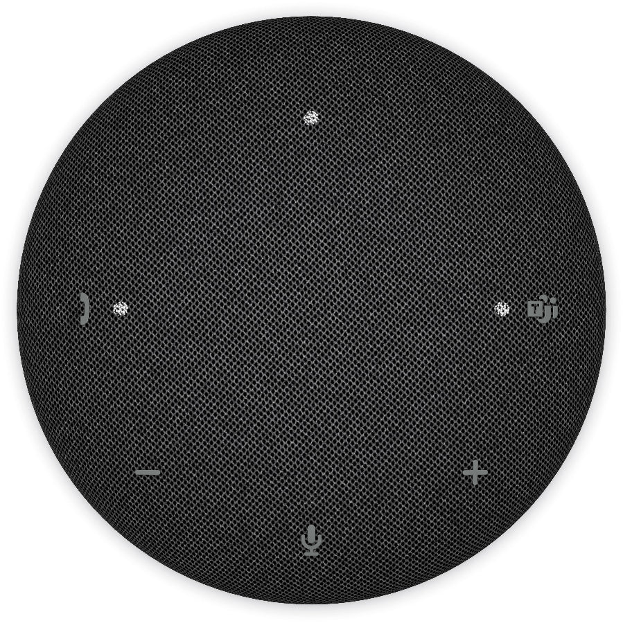 Round black speaker with control buttons on a white background