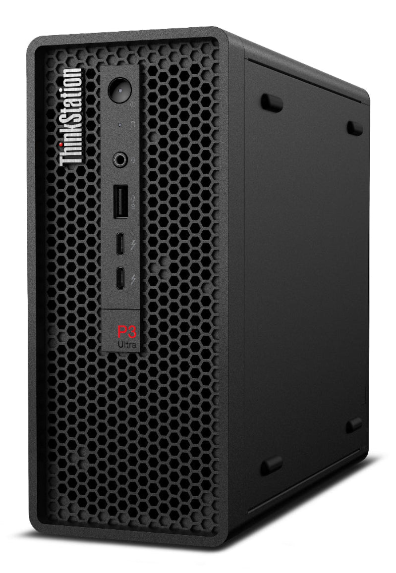 Black computer tower with ThinkStation logo on a white background