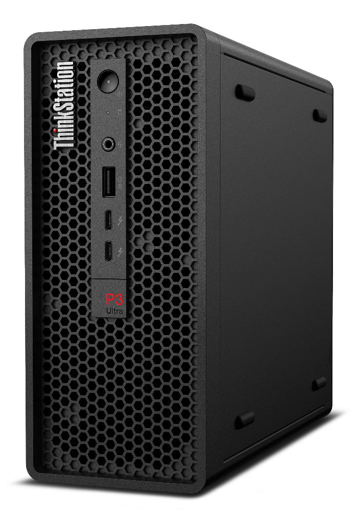 Black computer tower with ThinkStation logo on a white background