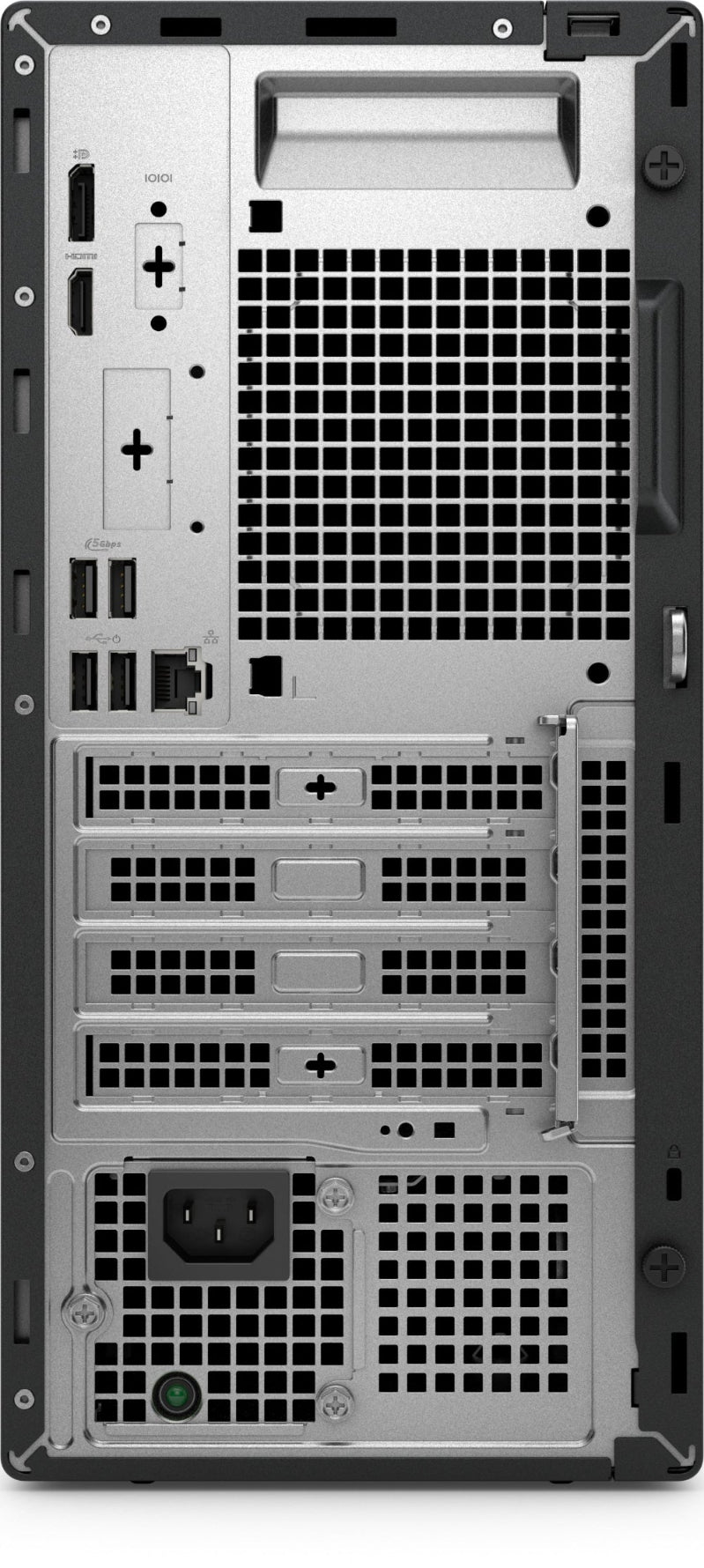 Back view of a computer tower with various ports and connectors.