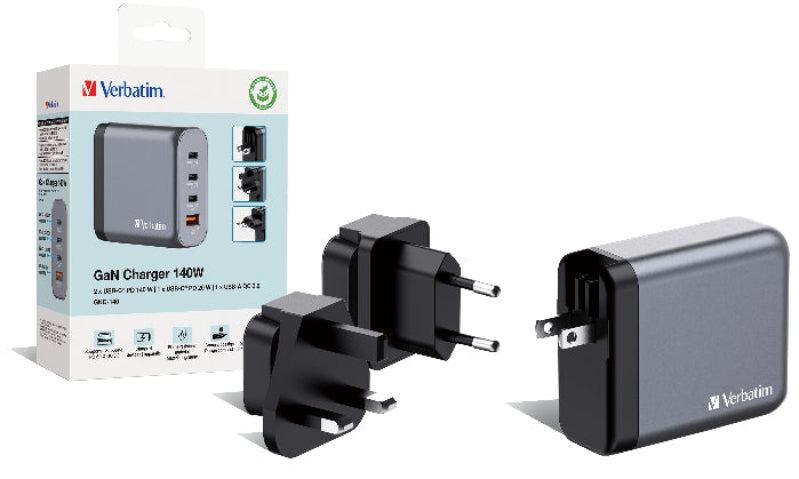 Verbatim GaN charger with packaging on a white background