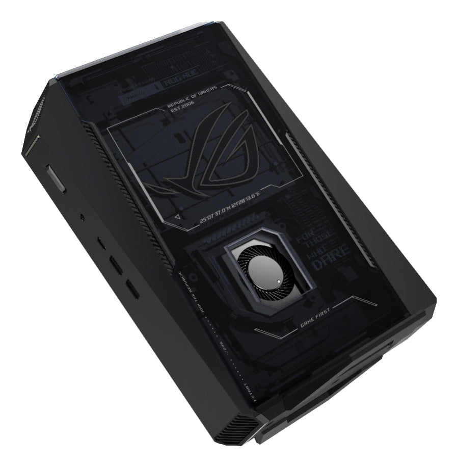 Black electronic device with branding on a white background