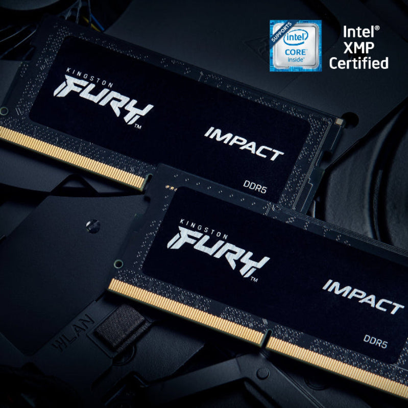 Two Kingston Fury Impact DDR4 RAM modules on a dark background with Intel XMP certification logo.