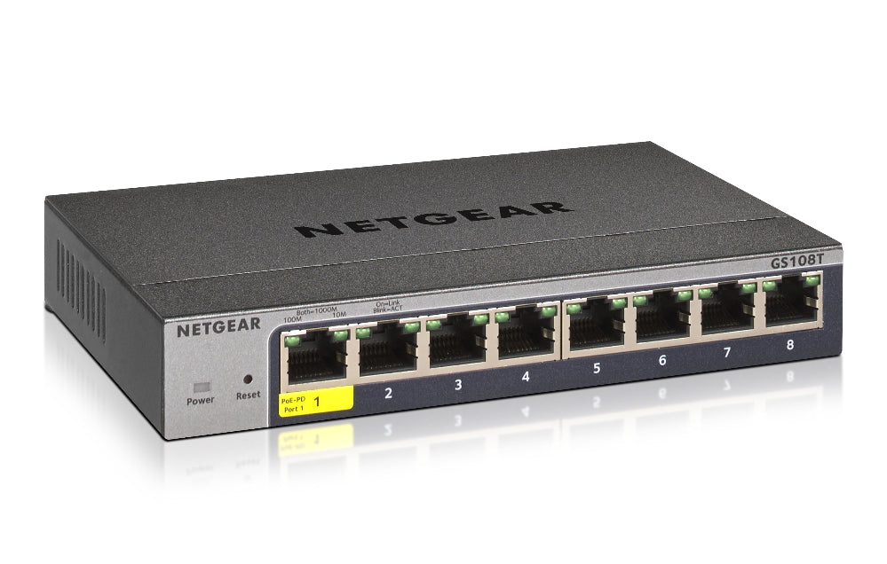 NETGEAR network switch with eight ports on a white background