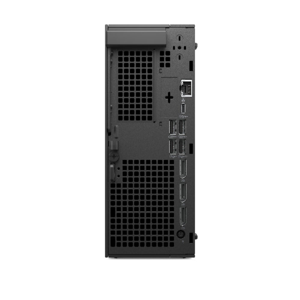 Back view of a black computer tower with multiple ports on a white background