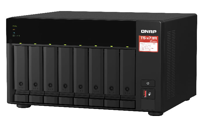 QNAP NAS device with multiple bays on a white background