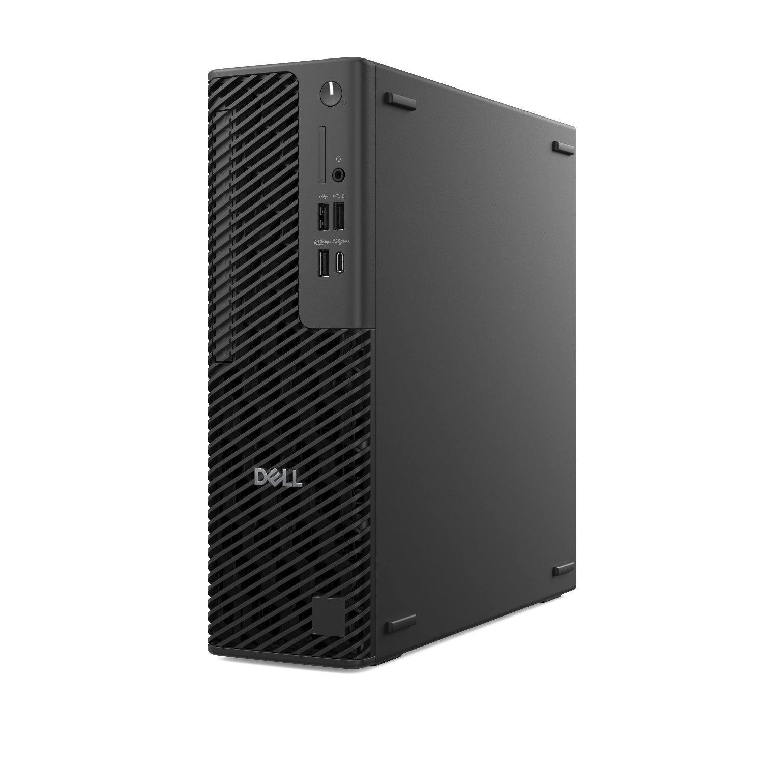 Black Dell desktop computer tower on a white background