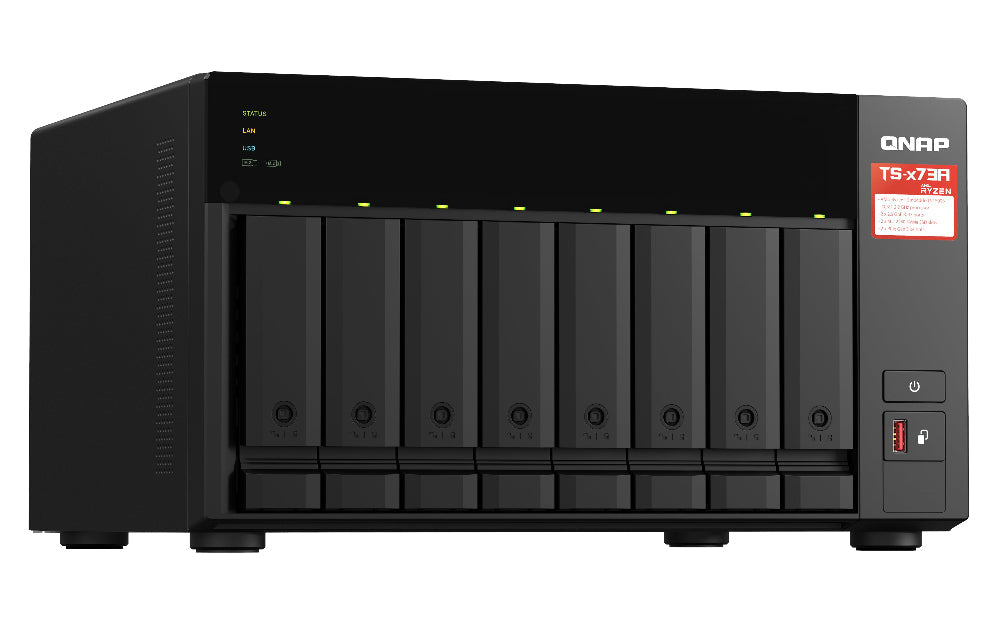 QNAP NAS device with multiple hard drive bays on a white background