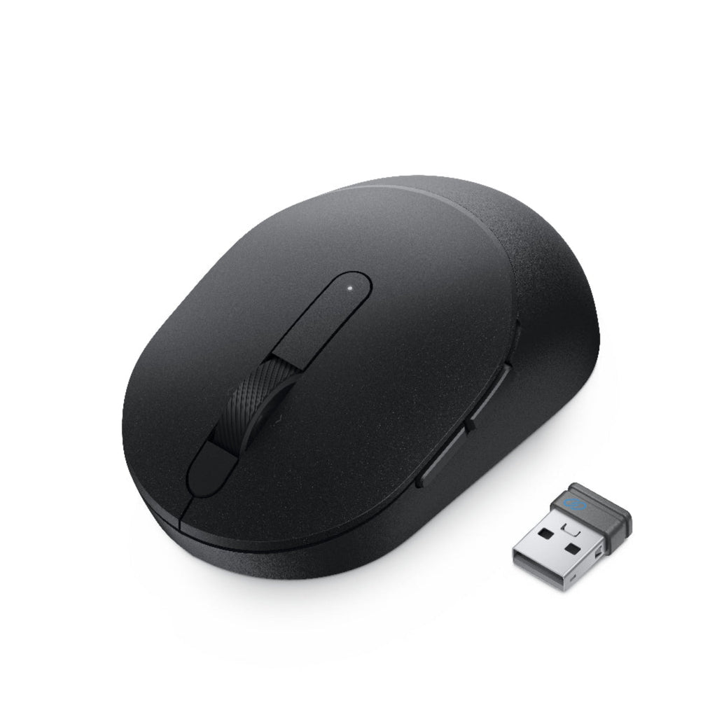 Black computer mouse with wireless receiver on a white background