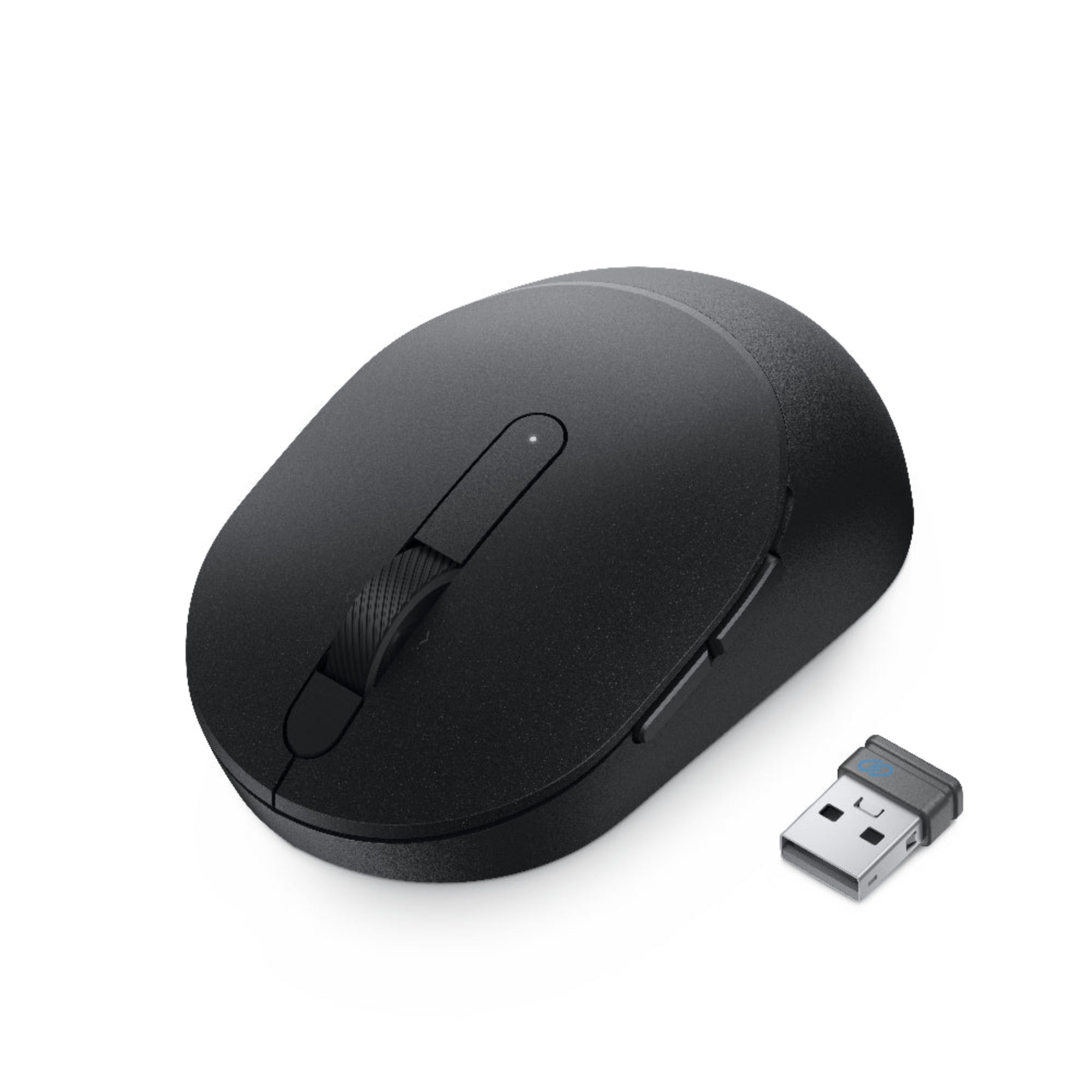 Black computer mouse with wireless receiver on a white background