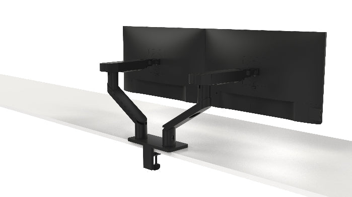 Black computer monitor stand on a white background