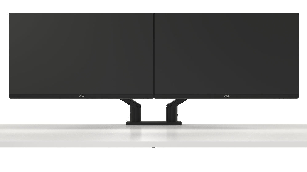Two black computer monitors on a white stand with a white background