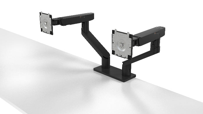 Black dual monitor stand on a white surface