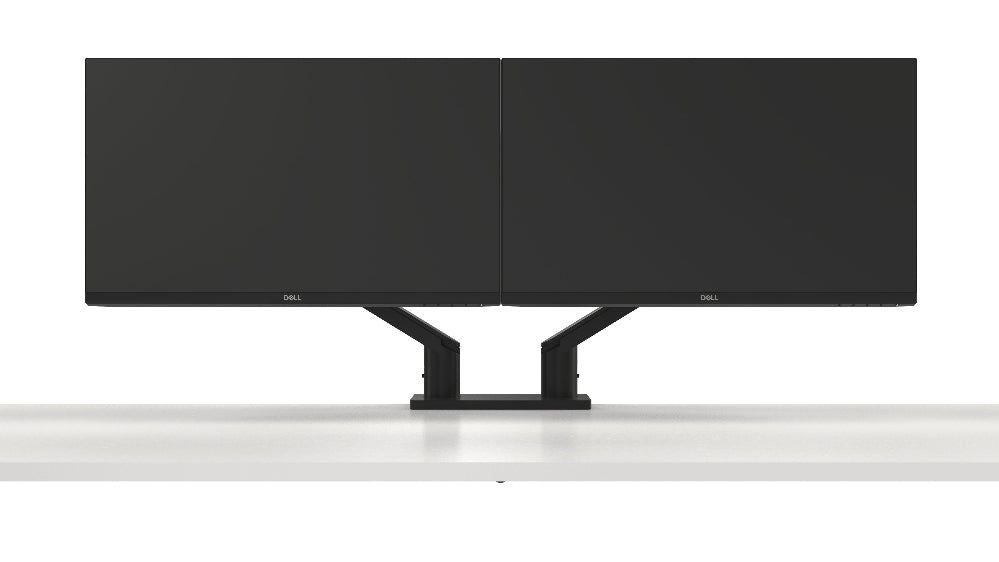 Two black computer monitors on a white surface with a white background