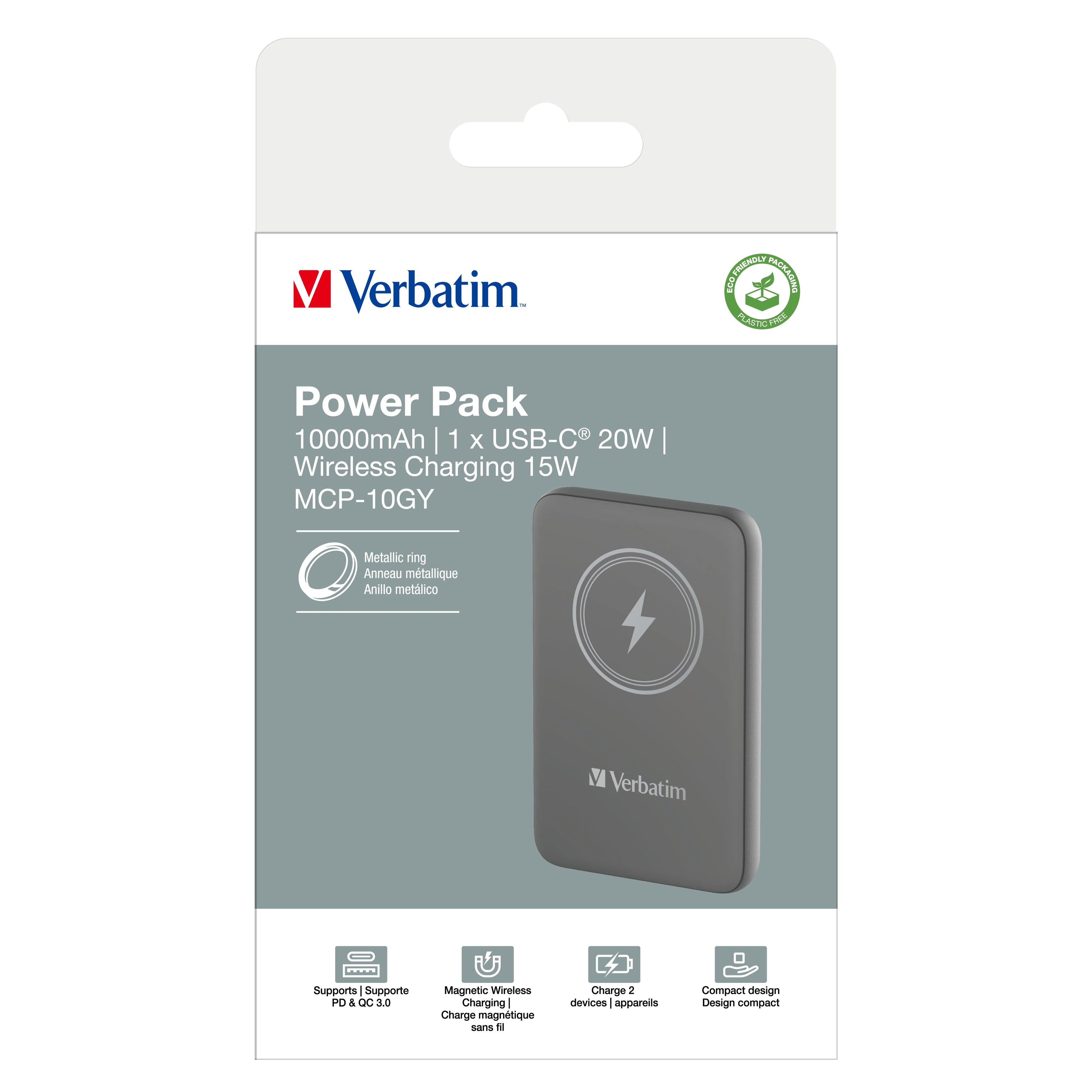 Verbatim Charge 'n' Go Magnetic Wireless Power Bank 10000mAh Grey - 32249 - eCommerce Business Prime