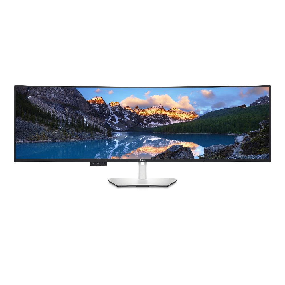 Wide monitor displaying a scenic landscape with mountains and water on a white background