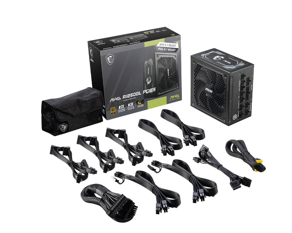 MSI MAG A1250GL PCIE5 power supply unit 1250 W 24-pin ATX ATX Black - MAGA1250GLPCIE5 - eCommerce Business Prime