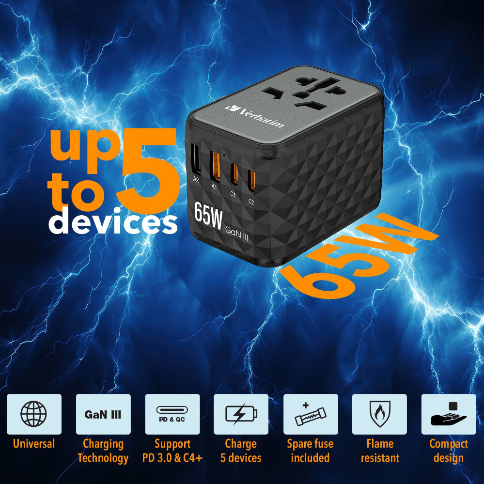 Black power adapter with charging features on a blue lightning background