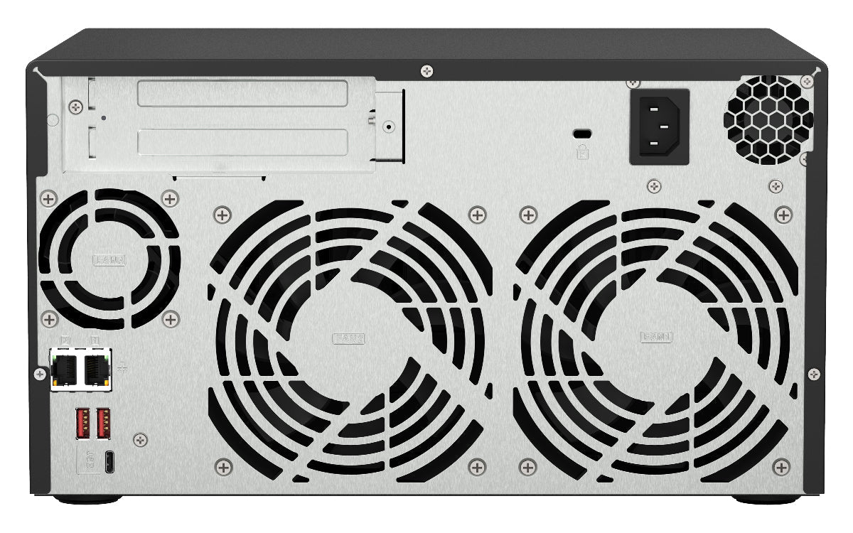 Back view of a computer case with multiple fans and power connectors.