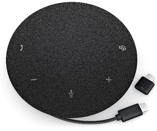 Black round device with USB-C cable on a white background