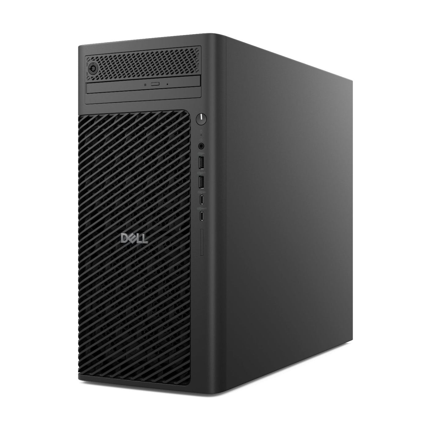 Black Dell computer tower on a white background