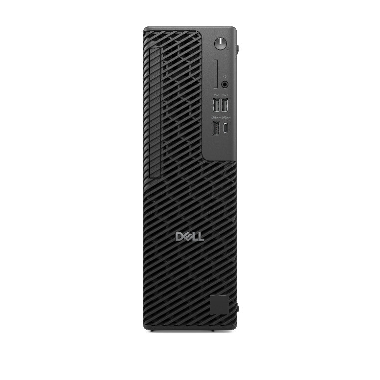 Black Dell desktop computer tower on a white background