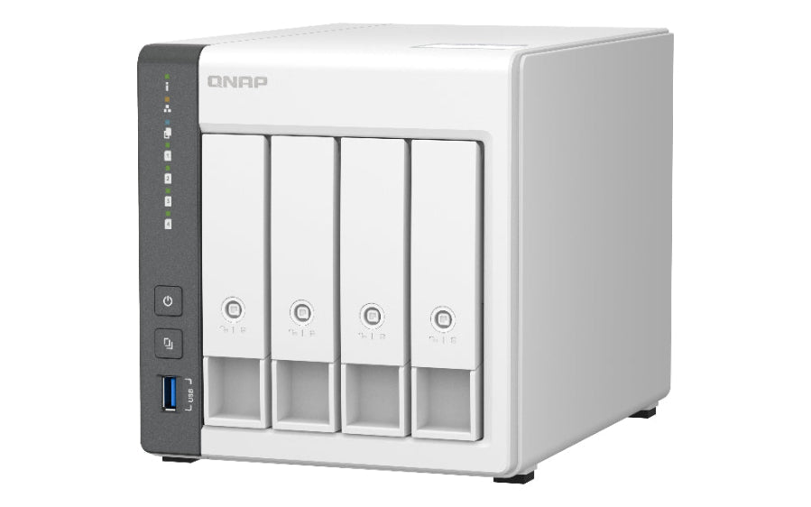 QNAP NAS device with four bays on a white background