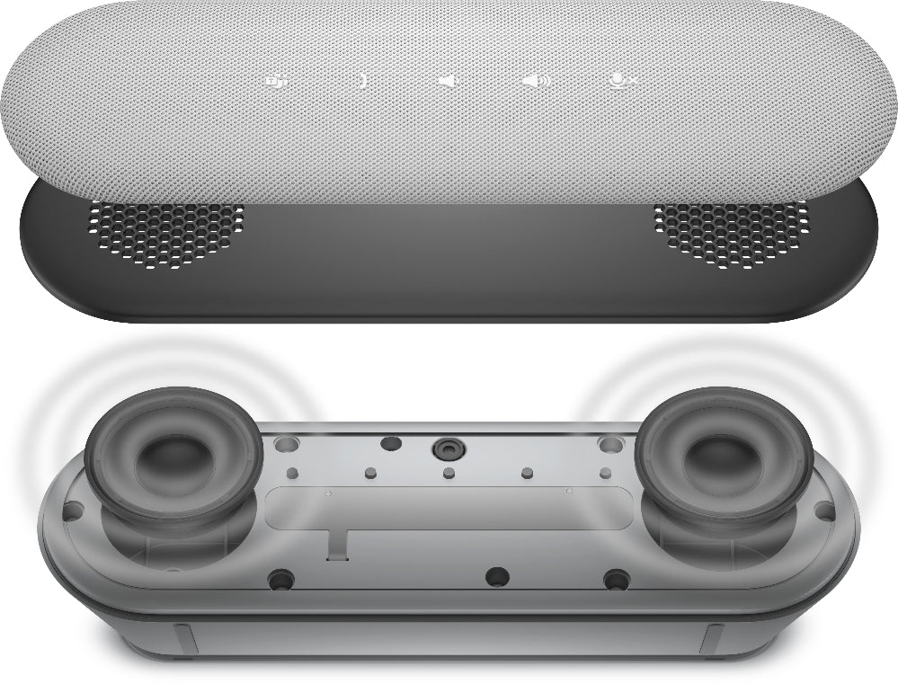 Top and bottom views of a gray and black portable speaker on a white background