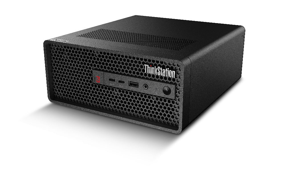 Black computer tower with ThinkStation branding on a white background