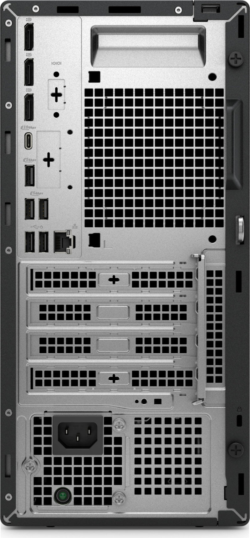 Back view of a computer tower with various ports and connectors.