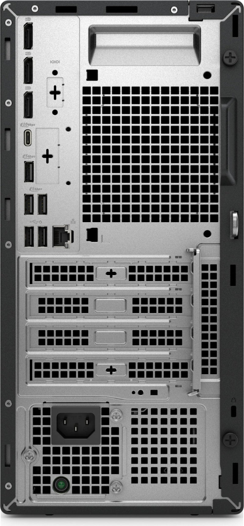 Back view of a computer tower with various ports and connectors.