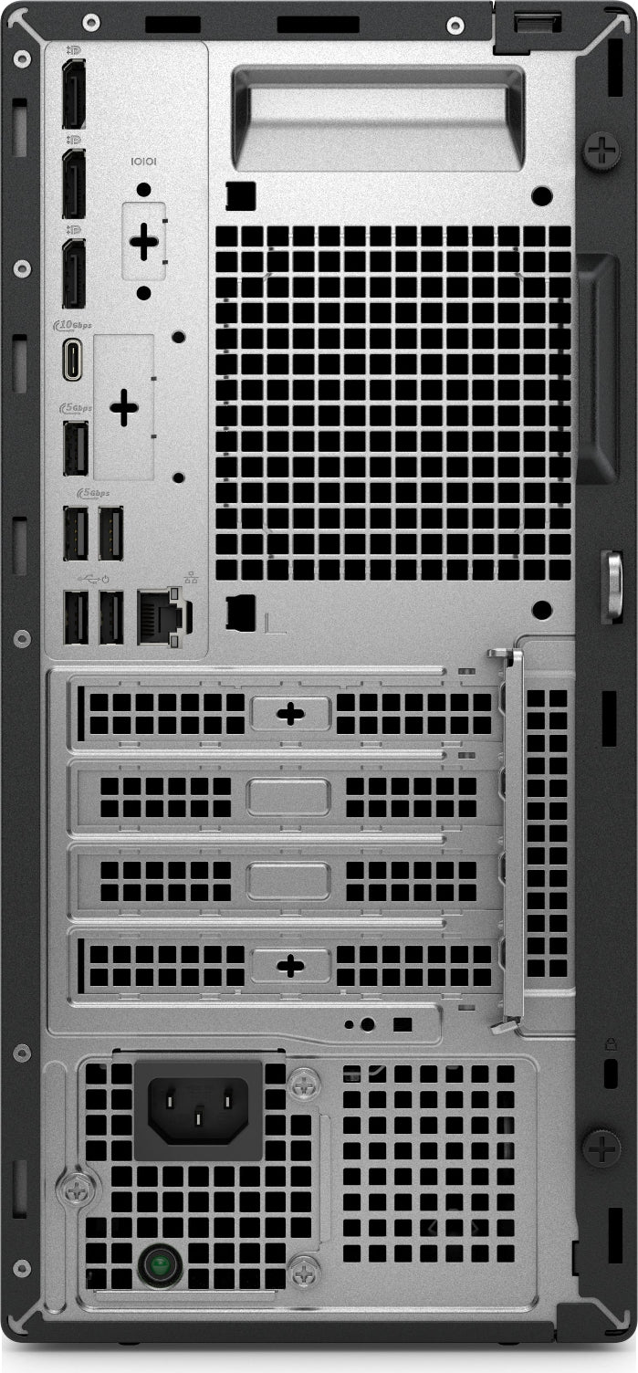 Back view of a computer tower with various ports and connectors.