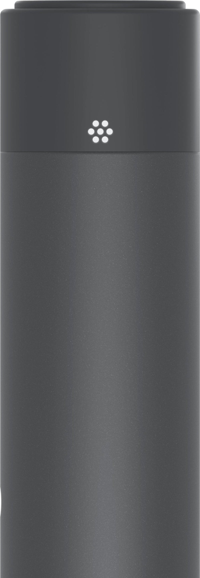 Dark gray cylindrical product with a brand logo on a white background