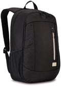 Black backpack with a white stripe on a white background
