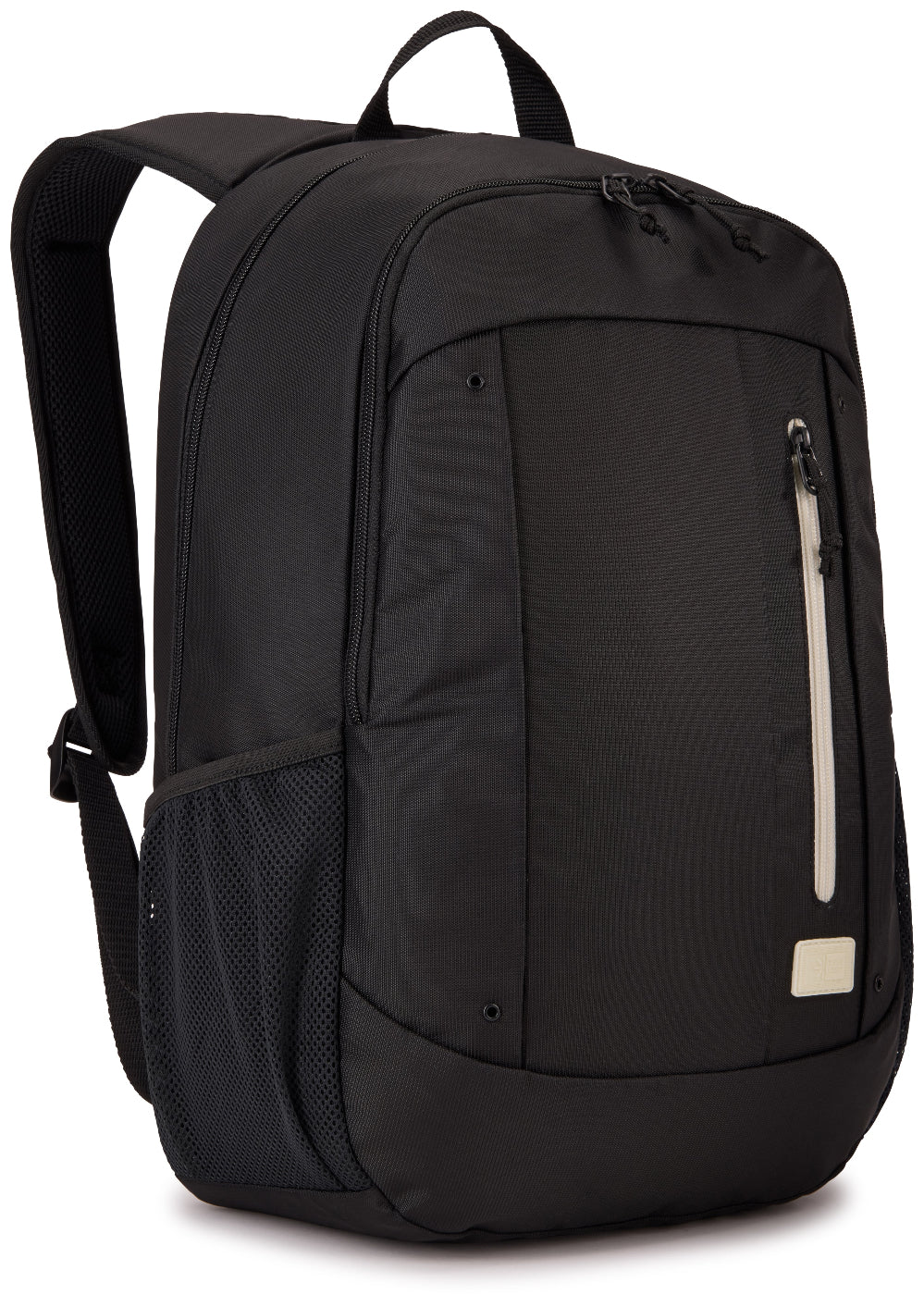 Black backpack with a white stripe on a white background