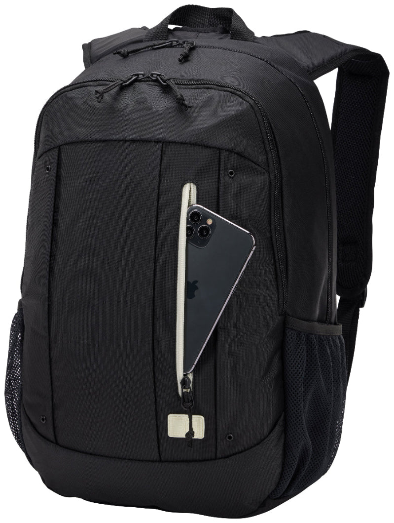Black backpack with a front pocket on a white background