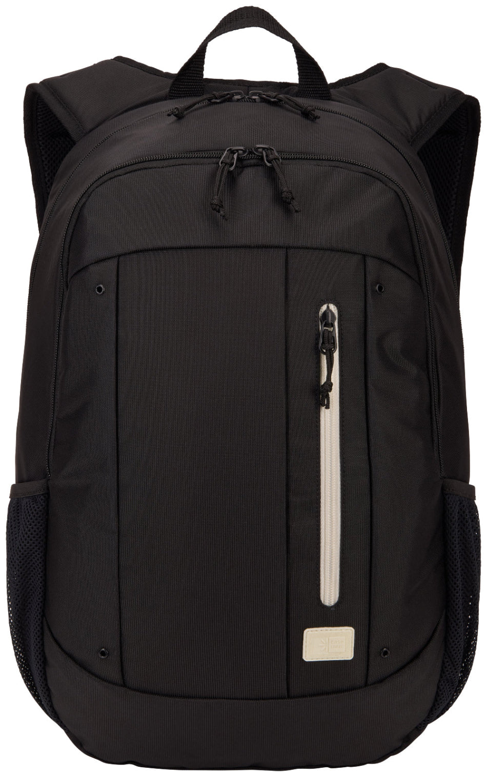 Black backpack with a zipper on a white background
