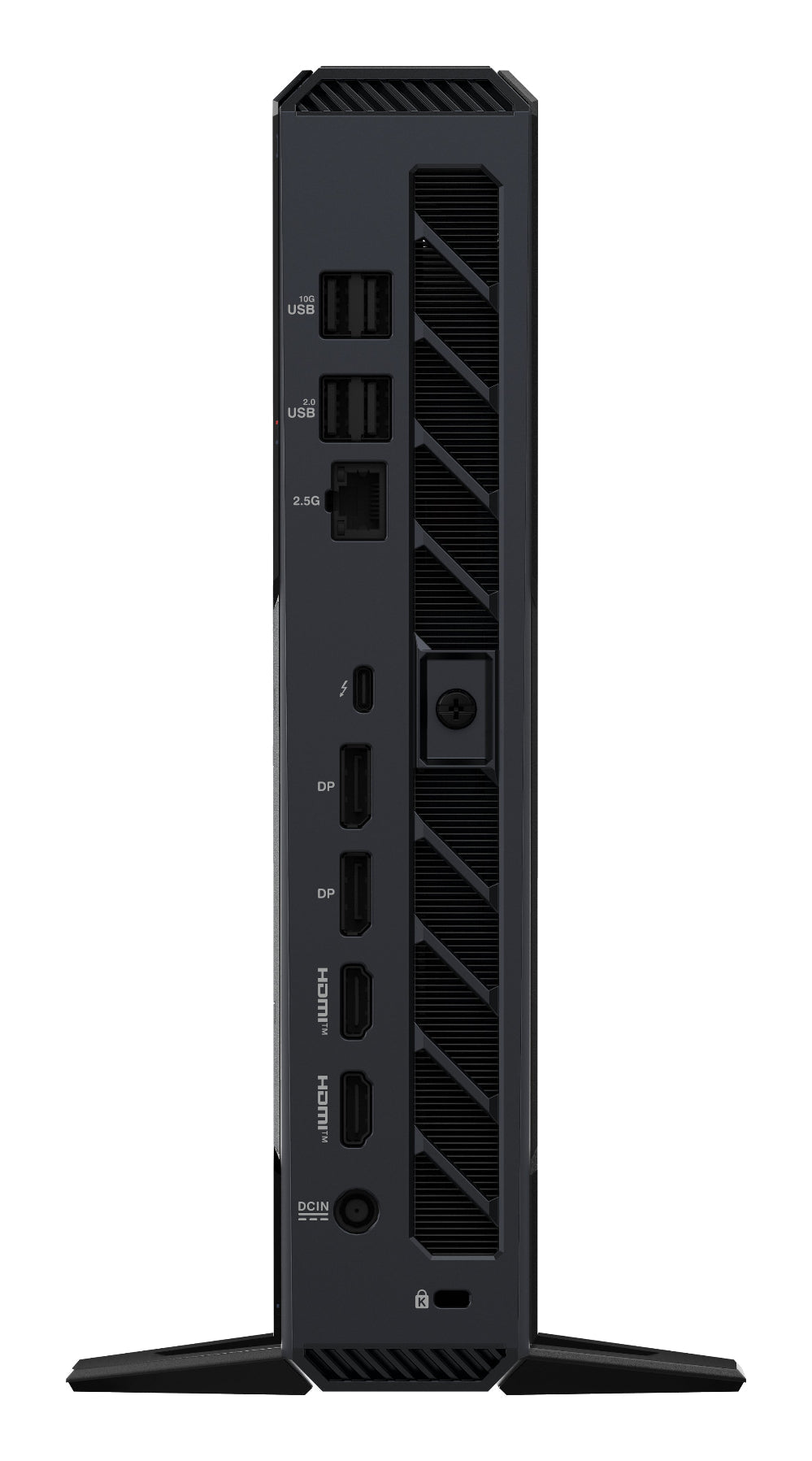 Black computer tower with multiple ports on a white background