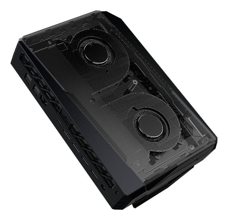 Black electronic device with cooling fans on a white background