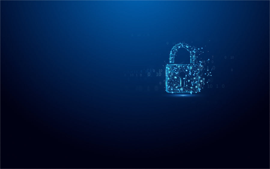 Digital lock icon made of connected lines and dots on a dark blue background