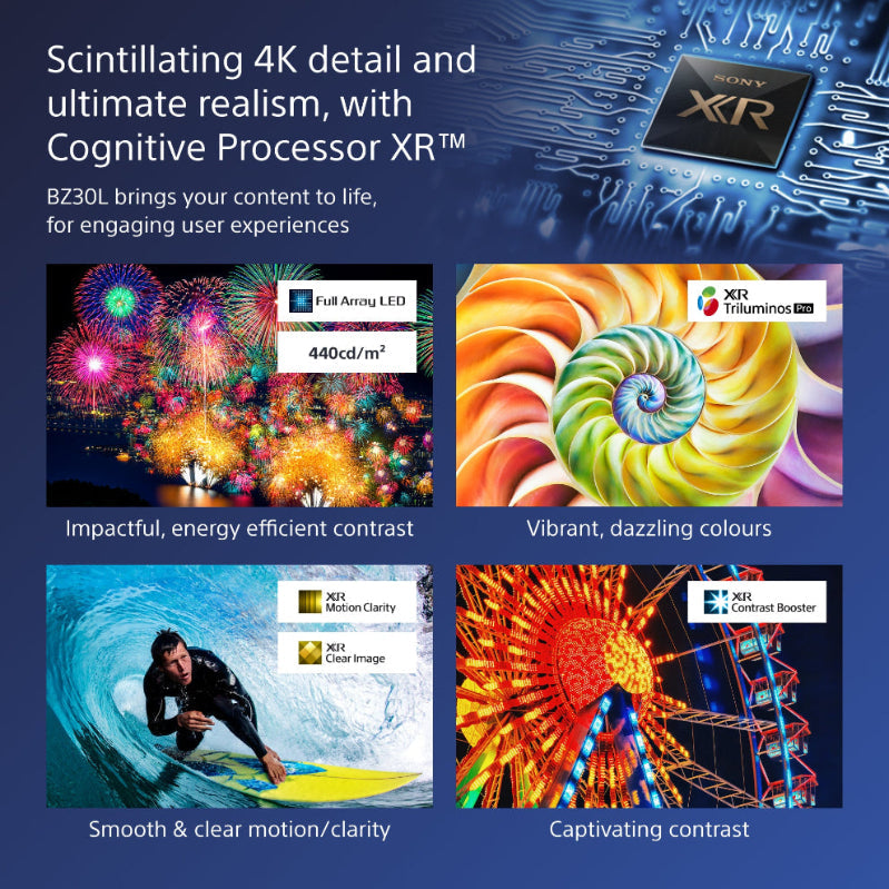 Advertisement for a television with Cognitive Processor XR technology, showcasing vibrant colors and dynamic scenes.